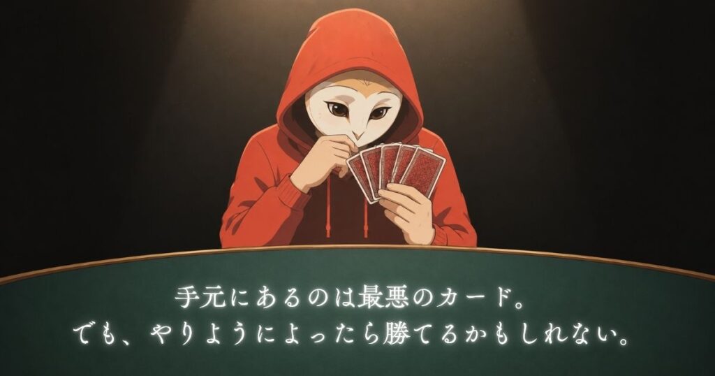 ブログのキャッチフレーズ「手元にあるのは最悪のカード。でも、やりようによったら勝てるかもしれない。」が書かれたアイキャッチ画像